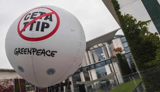 A Greenpeace protest against the CETA and TTIP trade agreements in Berlin, October 12, 2016.