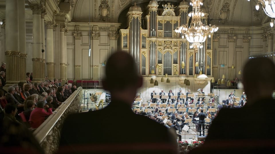 Orchestra plays in an elegant hall with spectators.