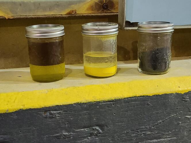 Samples of “yellowcake”, on the premises of the McClean Lake factory, in Canada.