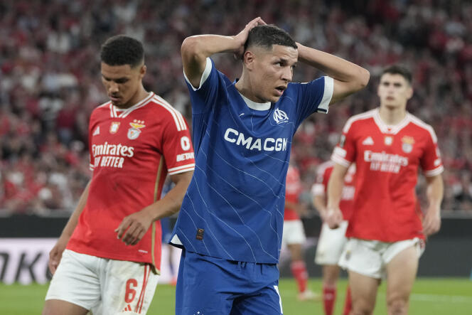 Moroccan international midfielder from OM Amine Harit on the Benfica pitch, in the quarter-final first leg of the Europa League, at the Luz stadium, in Lisbon, Thursday April 11, 2024.