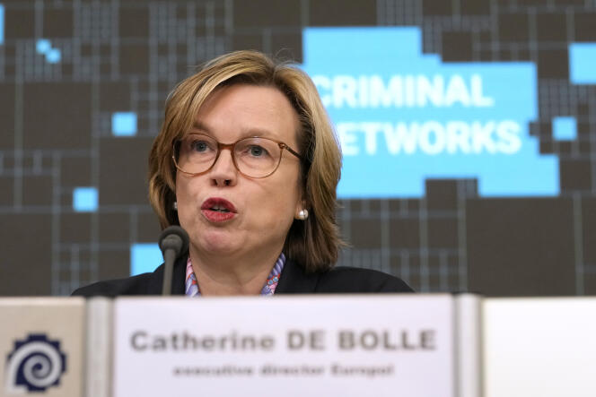 Europol Executive Director Catherine De Bolle during a press conference in Brussels on April 5, 2024. 