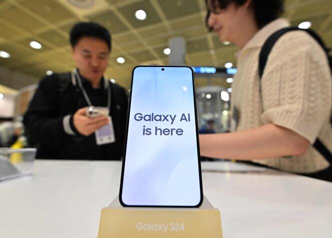 A Samsung Galaxy S24, at the World IT Show in Seoul, April 18, 2024.