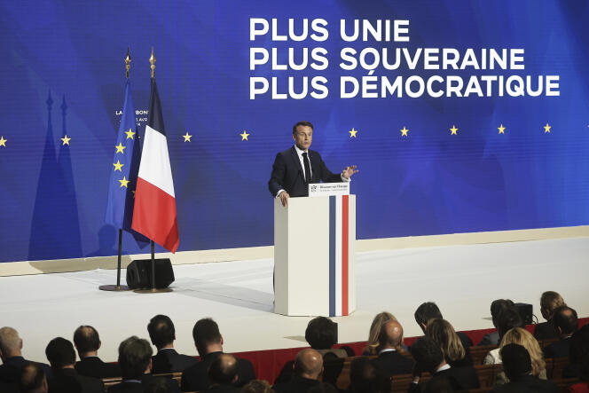 Emmanuel Macron, during his speech on Europe in the amphitheater of the Sorbonne University, April 25, 2024, in Paris.