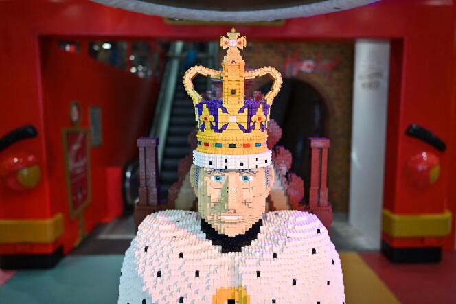 A Lego sculpture representing King Charles III, in a toy store in London, April 27, 2023.