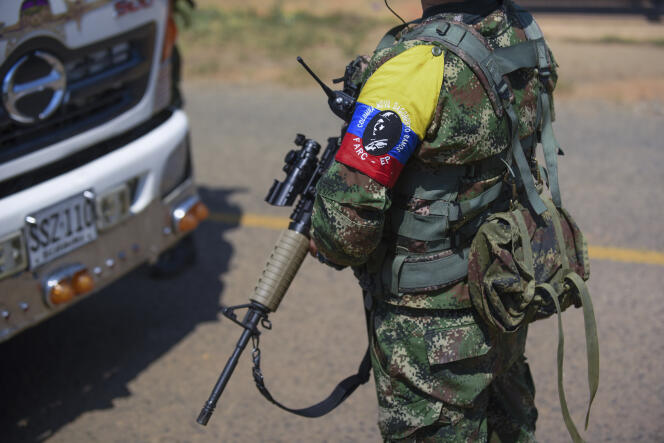 FARC-EMC guerrillas hold a roadblock in Corinto, Colombia, April 12, 2024.