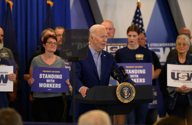 United States President Joe Biden speaks at the steel workers union headquarters in Pittsburgh, Pennsylvania, April 17, 2024.