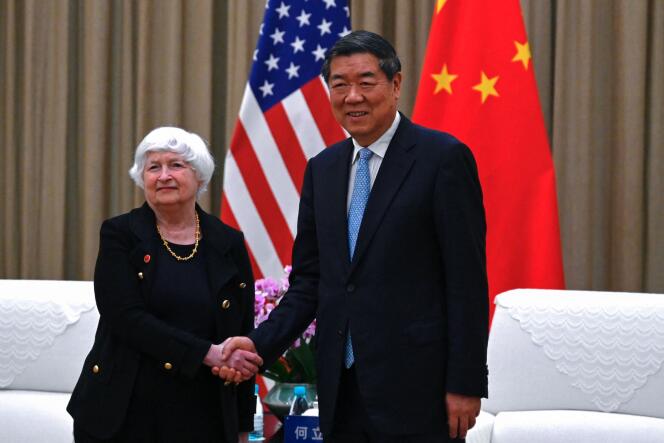 US Treasury Secretary Janet Yellen and Chinese Vice Premier for the Economy He Lifeng before a meeting in Guangzhou, southern China, Saturday April 6, 2024.