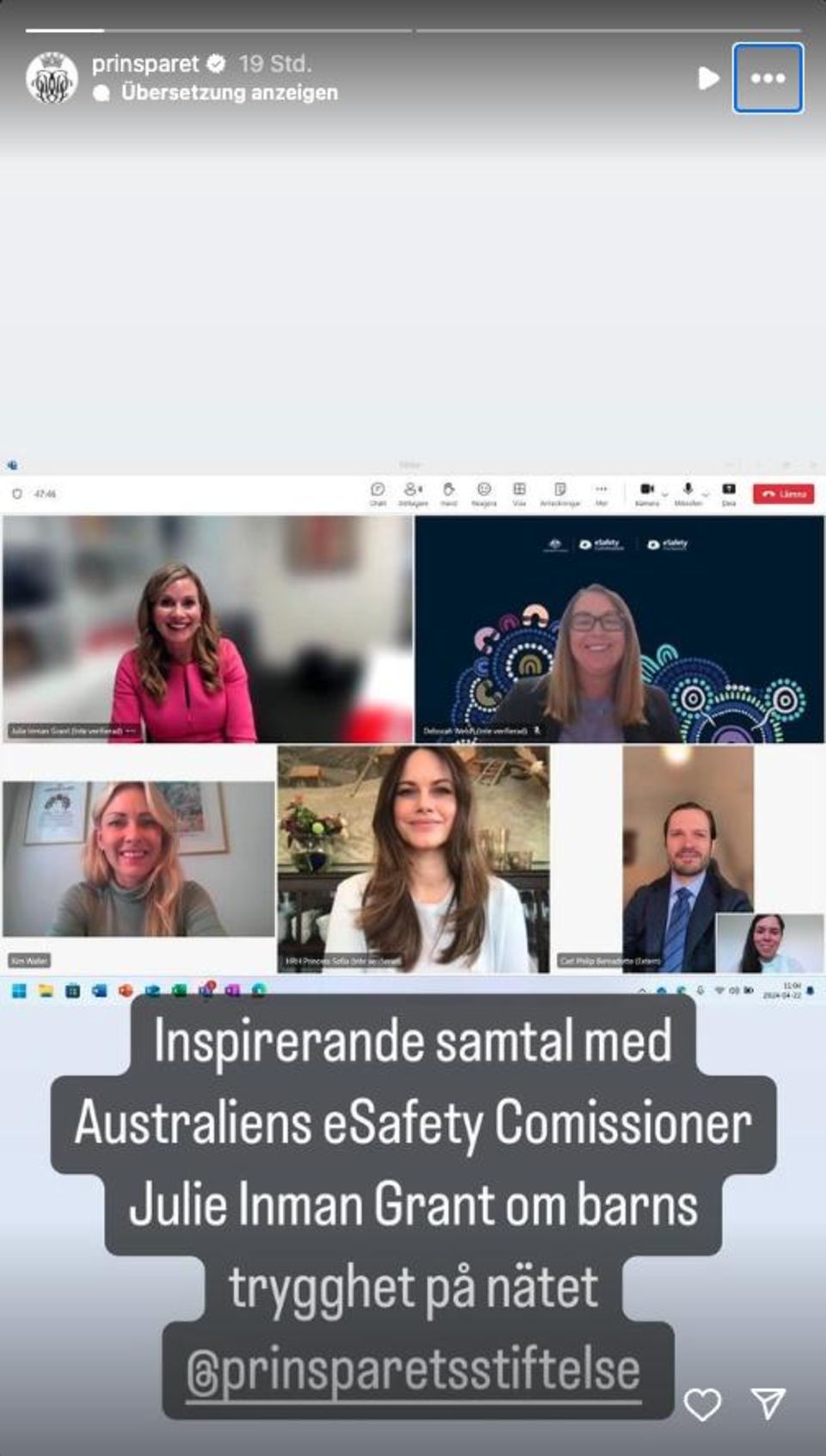 Princess Sofia and Prince Carl Philip discuss child safety online during an online meeting with Australia's eSafety Commissioner Julie Inman Grant
