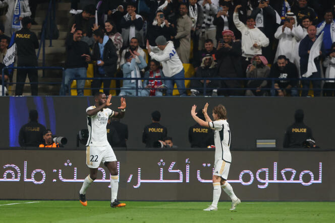 Antonio Rüdiger and Luka Modric of Real Madrid during the Spanish Super Cup semi-final against Atlético de Madrid at Al-Awwal Park stadium in Riyadh, January 10, 2024.