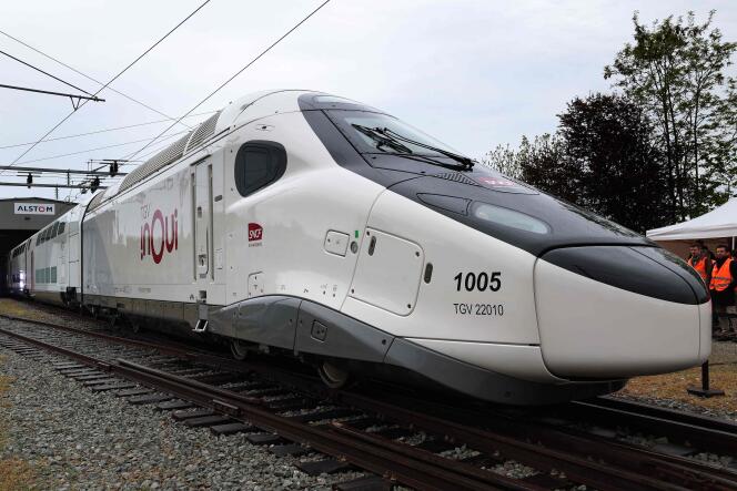 A TGV M, from the new generation of TGV, photographed at the Alstom factory in Belfort, eastern France, during the unveiling of its InOui livery (the brand of high-end TGV services), on April 29 2024. 