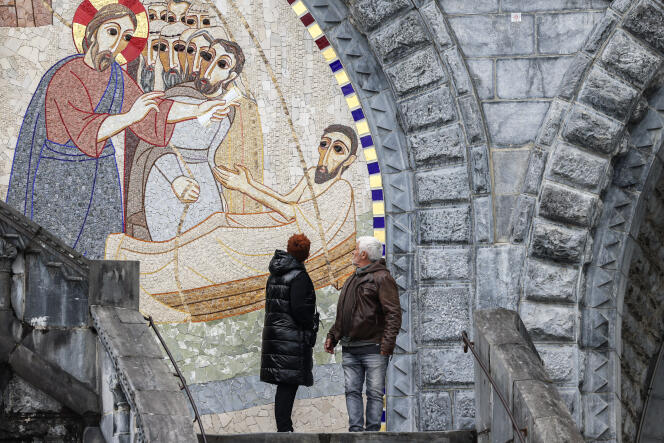 Mosaics created by artist and priest Marko Rupnik, on the facade of the Notre-Dame-du-Rosaire basilica, in Lourdes (Hautes-Pyrénées), March 31, 2023.