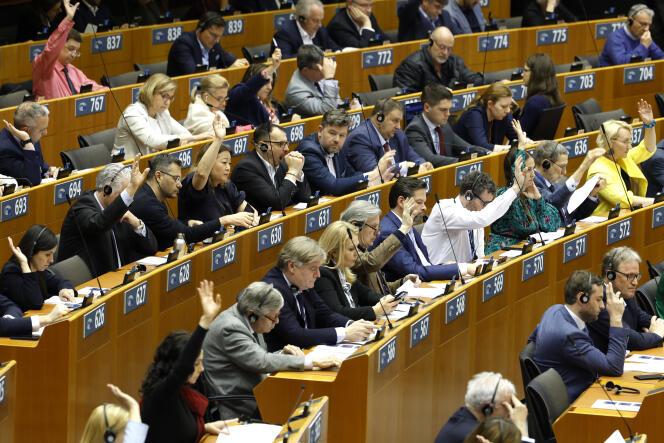 Members of the European Parliament take part in a series of votes during a plenary session at the European Parliament in Brussels, Wednesday April 10, 2024. 