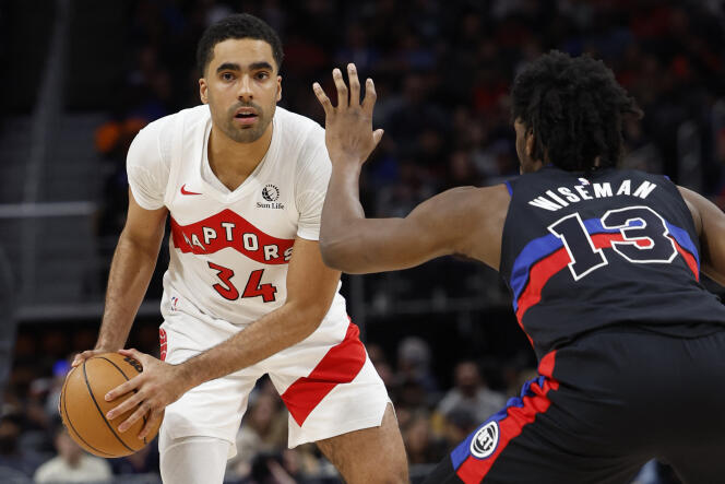 Basketball player Jontay Porter faces James Wiseman during a game between the Toronto Raptors and the Detroit Pistons on March 13, 2024.