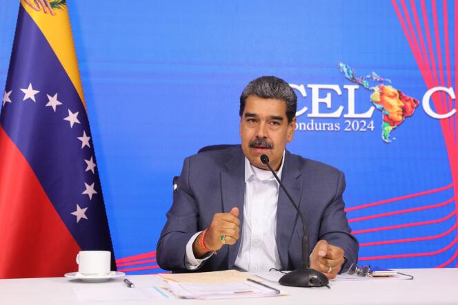 This photo released by the Venezuelan presidency shows President Nicolas Maduro during a virtual summit of the Community of Latin American and Caribbean States (CELAC), in Caracas, April 16, 2024.