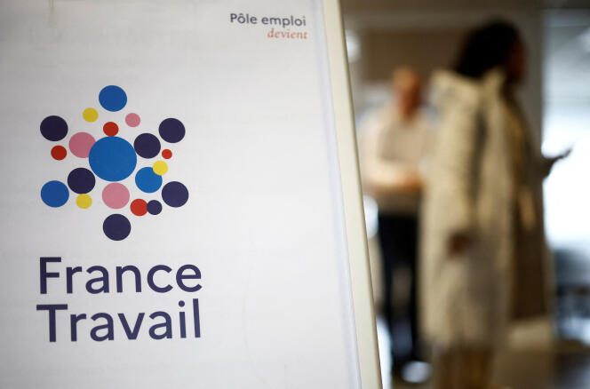 The logo of France Travail (formerly known as Pôle emploi) visible in one of its offices in Nantes, March 26, 2024.