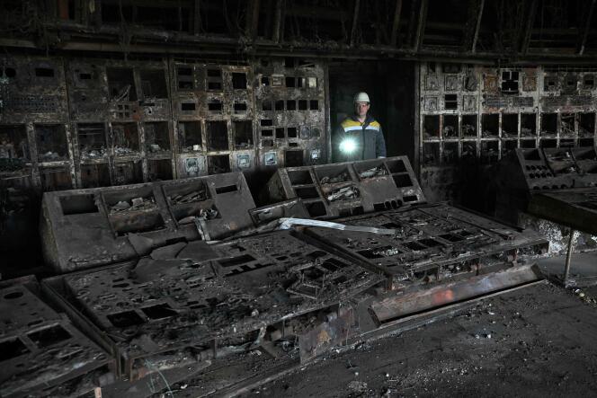 A control room burned at a power plant destroyed after an attack, in Ukraine, April 19, 2024.
