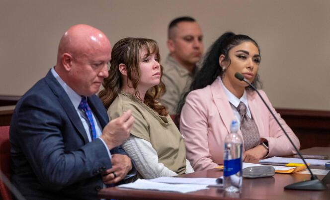 Hannah Gutierrez-Reed, the former gunsmith from the movie Rust, during her sentencing hearing with attorney Jason Bowles and paralegal Carmella Sisneros at the First Judicial District courthouse in Santa Fe, New Mexico , April 15, 2024.